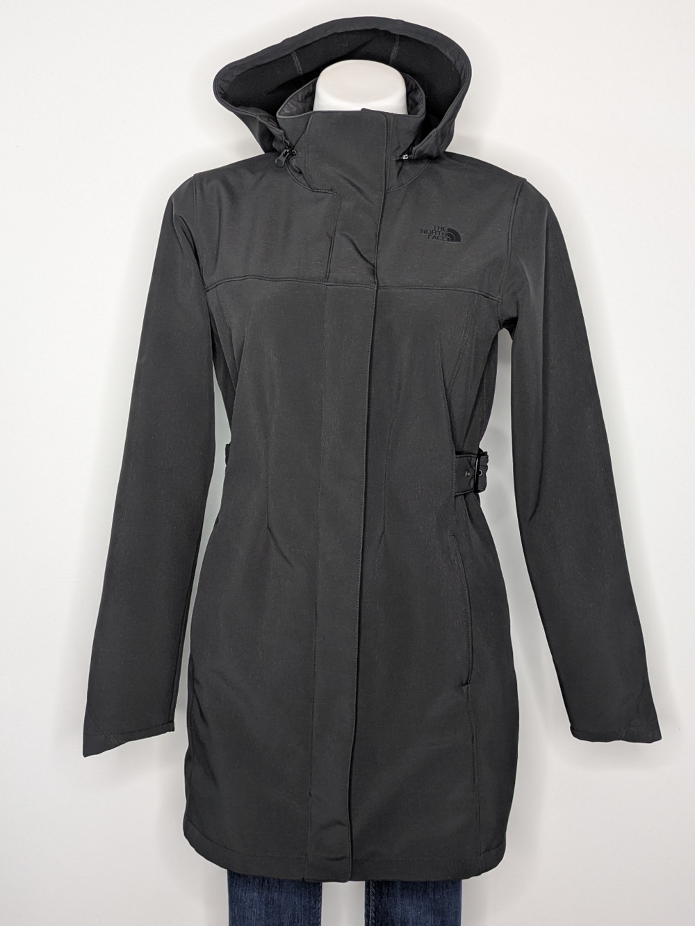 North Face Black/Grey Side Belt Zip Off Hood Water Resistant Trench Jacket S